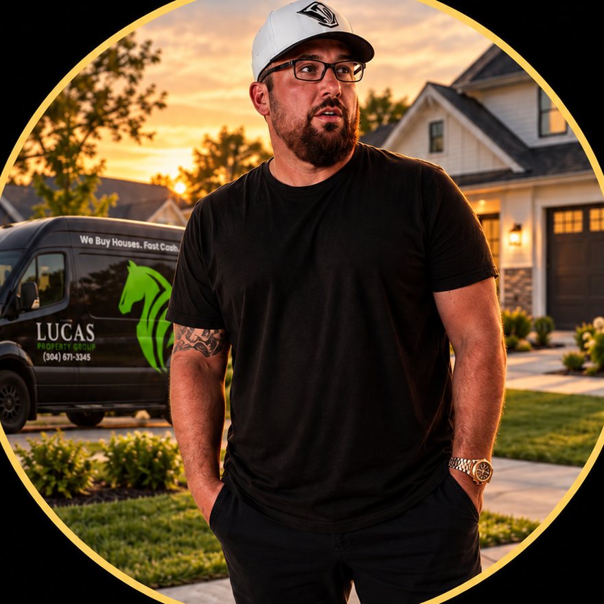 Luke Nesler at sunset in front of a Lucas Property Group van and a renovated home